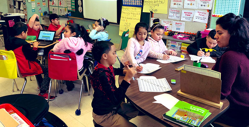 A third-grade classroom at Veterans Elementary School in Central Falls, Rhode Island where the Highlander Institute, pre-pandemic, supported blended and personalized learning. 