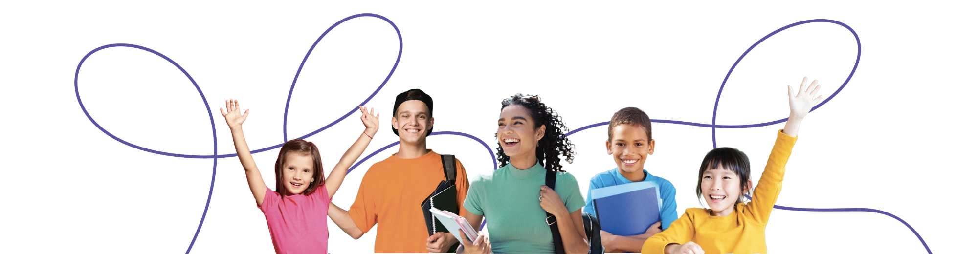 Five smiling K-12 students in colorful shirts, several waving, connected by a looping purple throughline